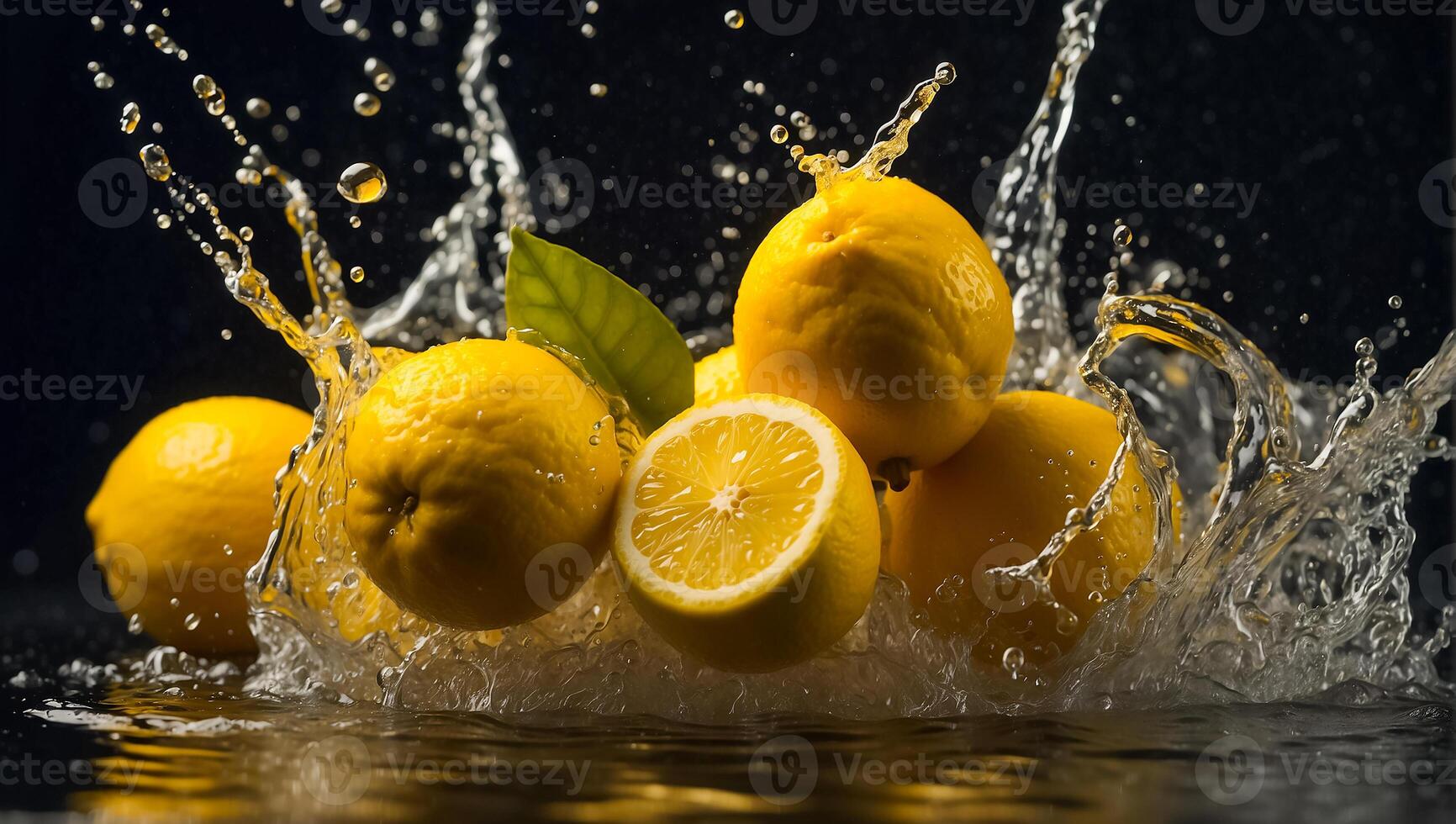 AI generated Fresh ripe lemons, water drops, splash photo