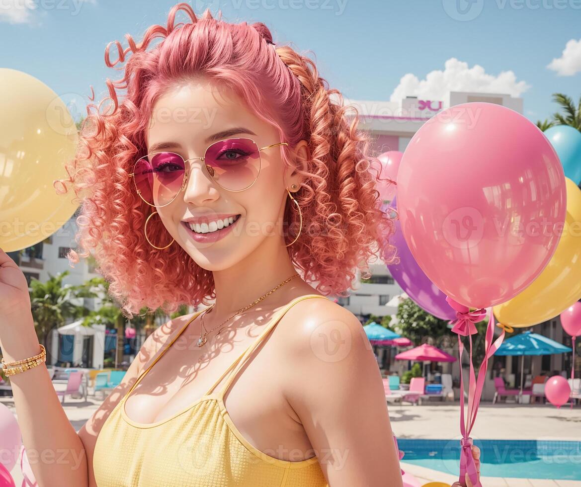 AI generated Beautiful girl in sunglasses, balloons photo
