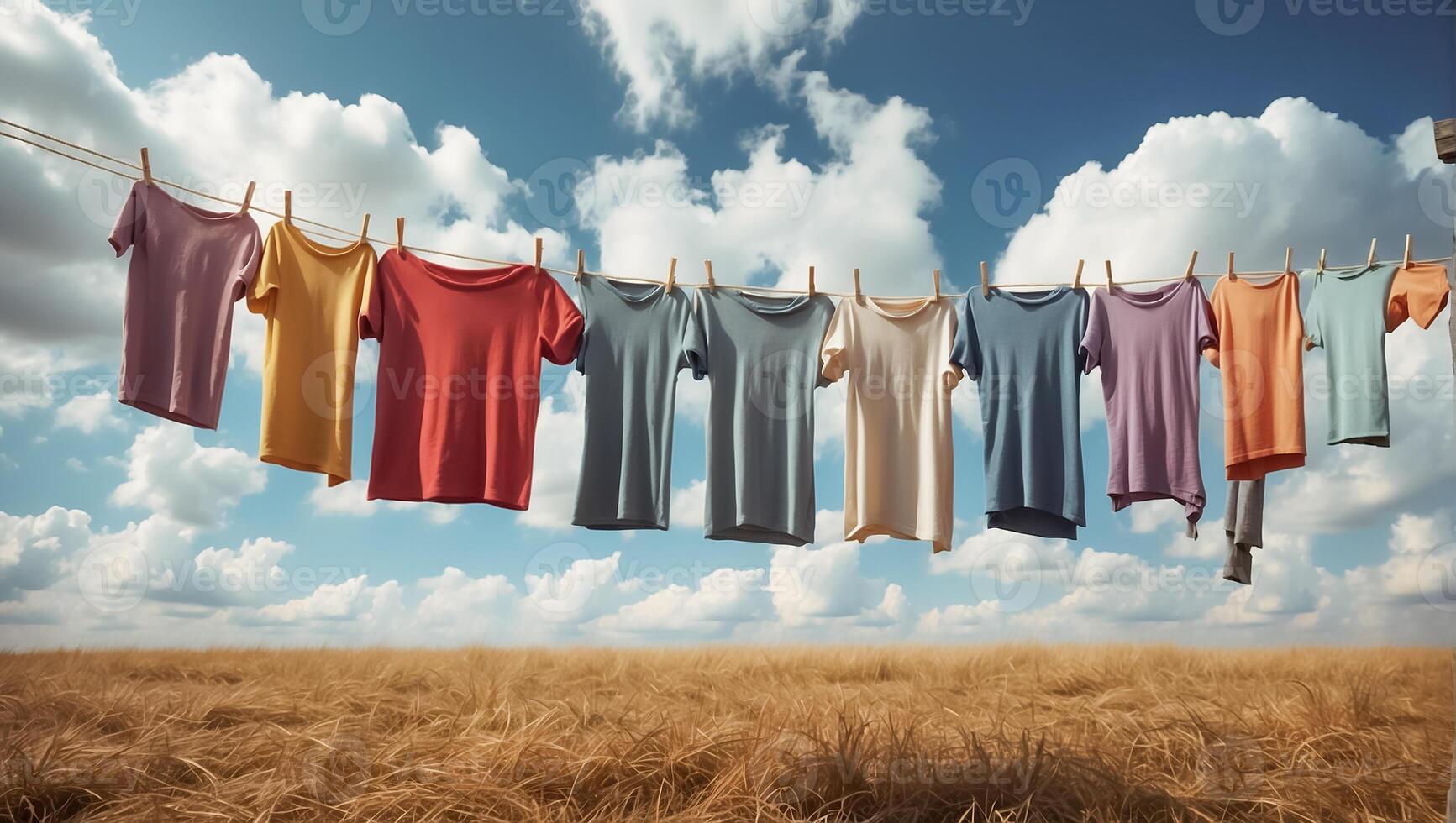 AI generated clean T-shirt is drying on a rope against the sky photo