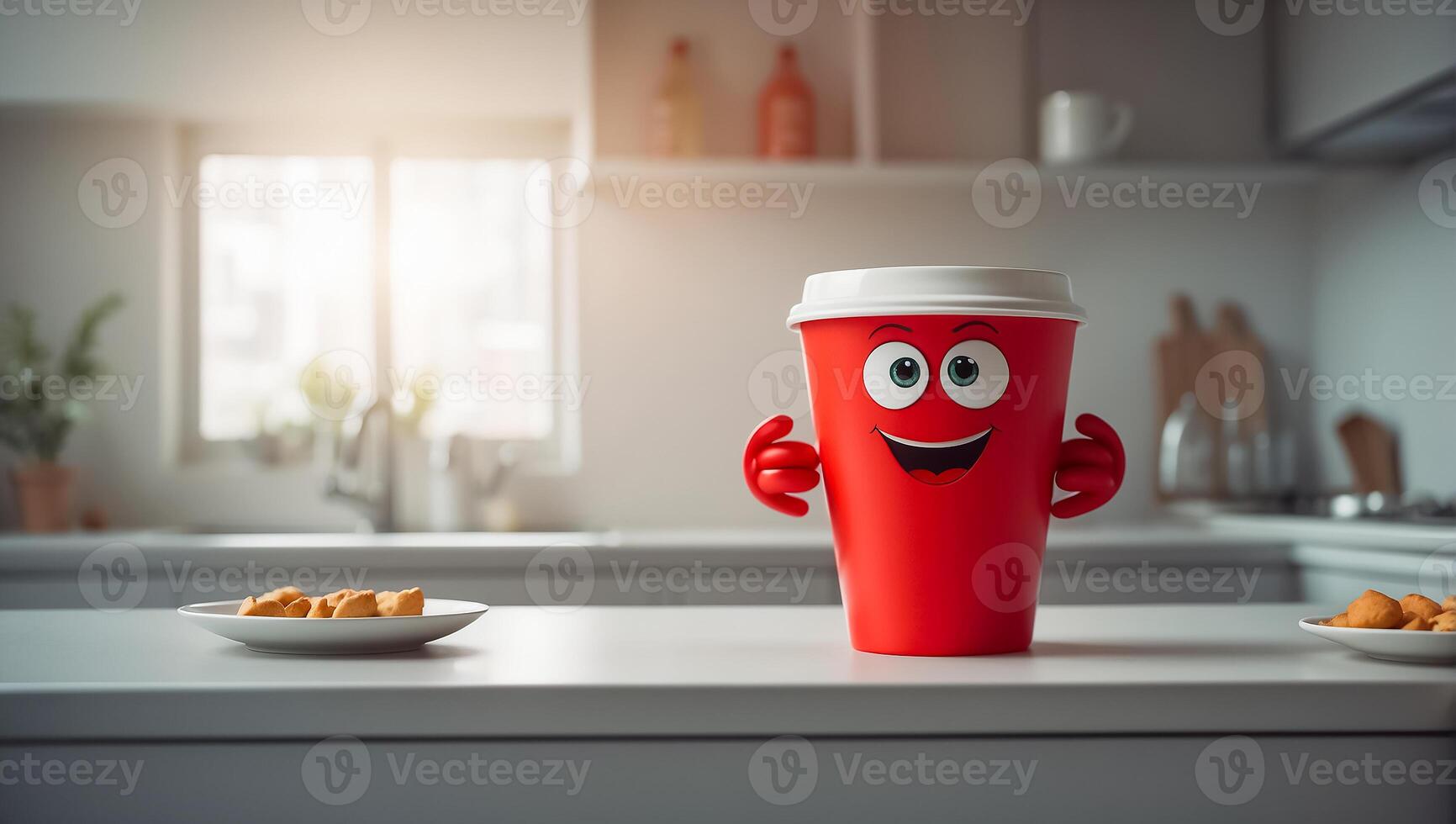 ai generado linda gracioso taza con ojos y sonrisa en el cocina foto