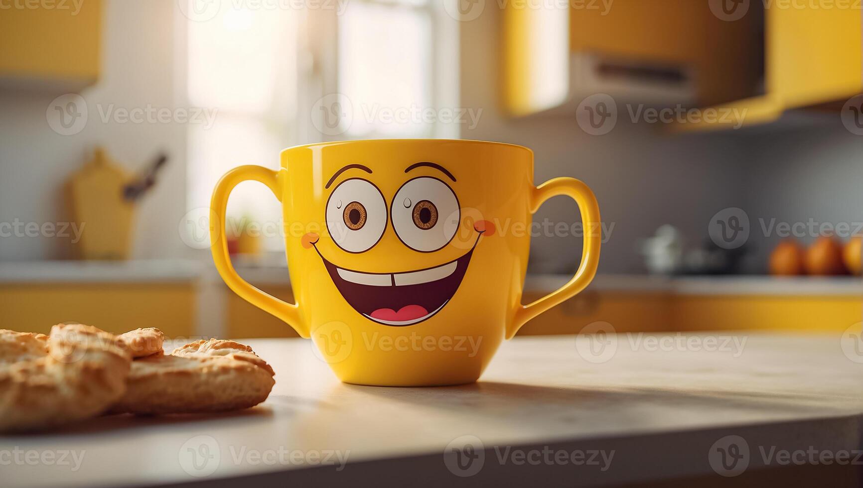 AI generated Cute funny cup with eyes and smile in the kitchen photo