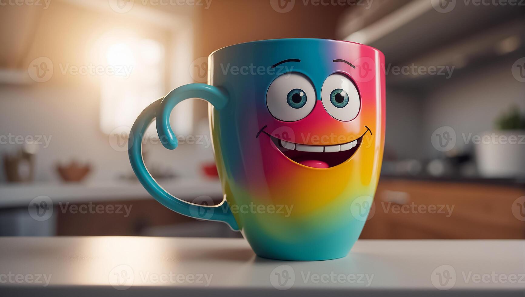 ai generado linda gracioso taza con ojos y sonrisa en el cocina foto