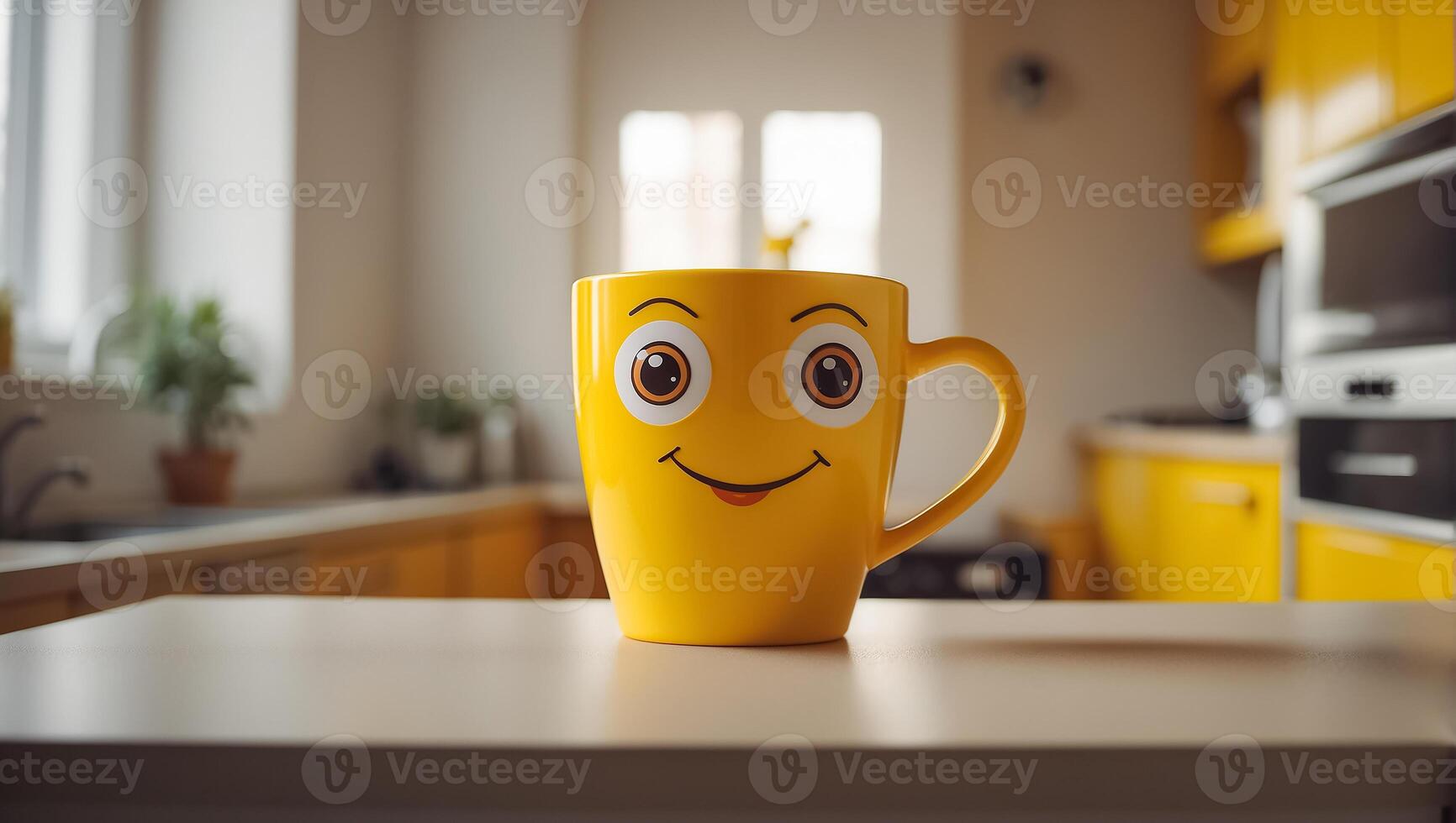 ai generado linda gracioso taza con ojos y sonrisa en el cocina foto