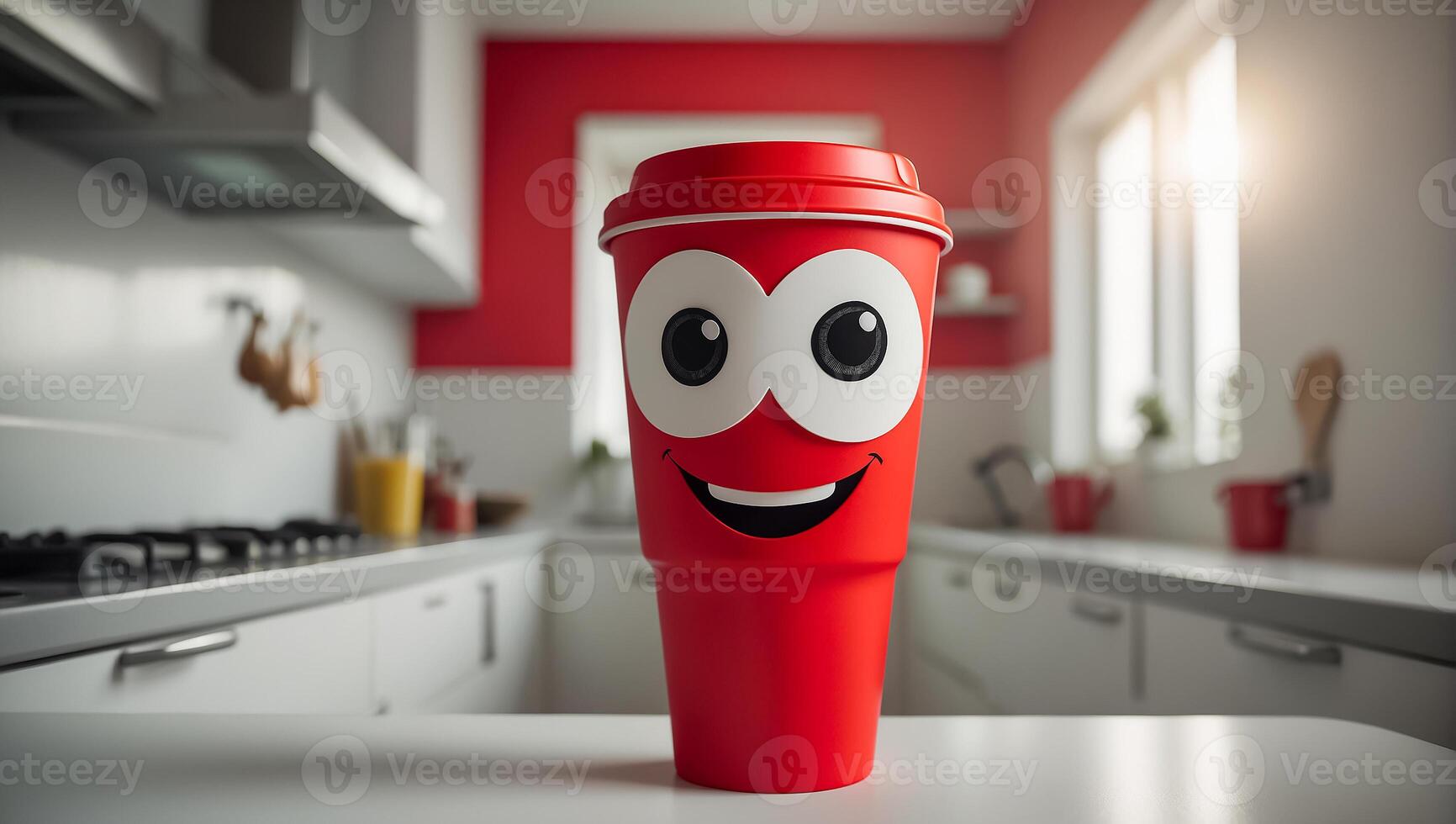 AI generated Cute funny cup with eyes and smile in the kitchen photo