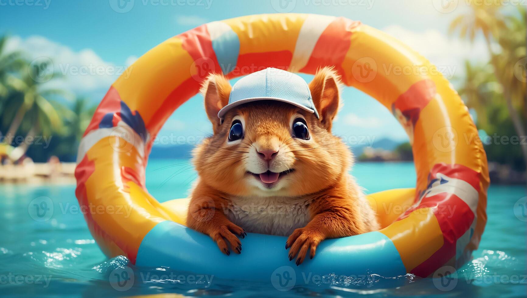 AI generated Cute squirrel in a swimming circle at sea funny photo