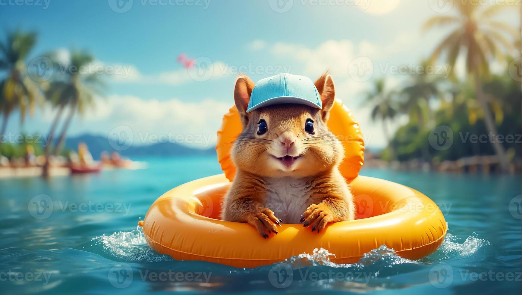 AI generated Cute squirrel in a swimming circle at sea funny photo