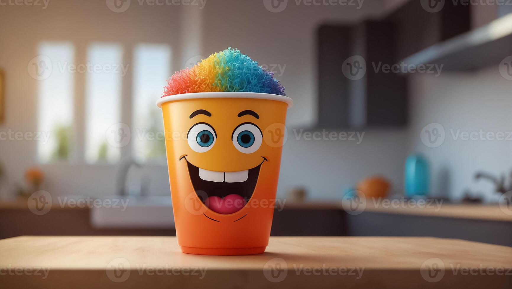 AI generated Cute funny cup with eyes and smile in the kitchen photo