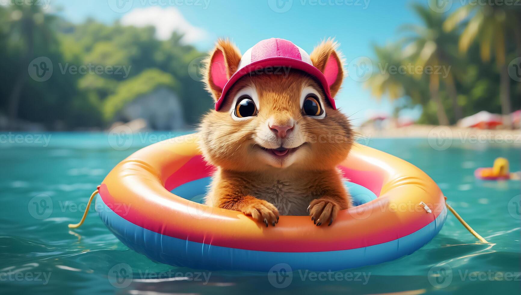 AI generated Cute squirrel in a swimming circle at sea funny photo