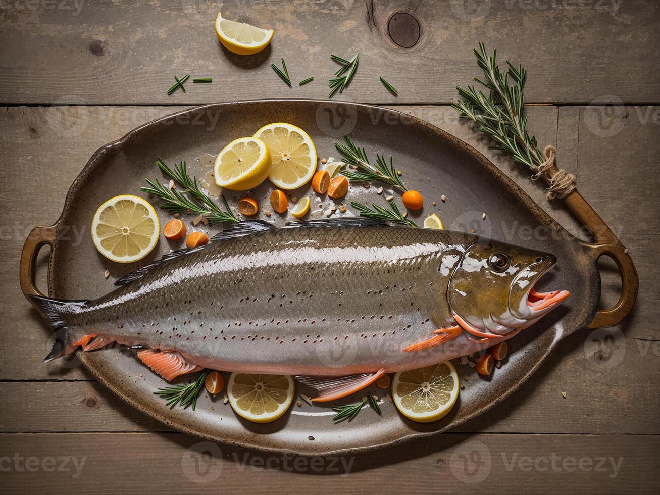 AI generated raw fish with lemon on the table photo