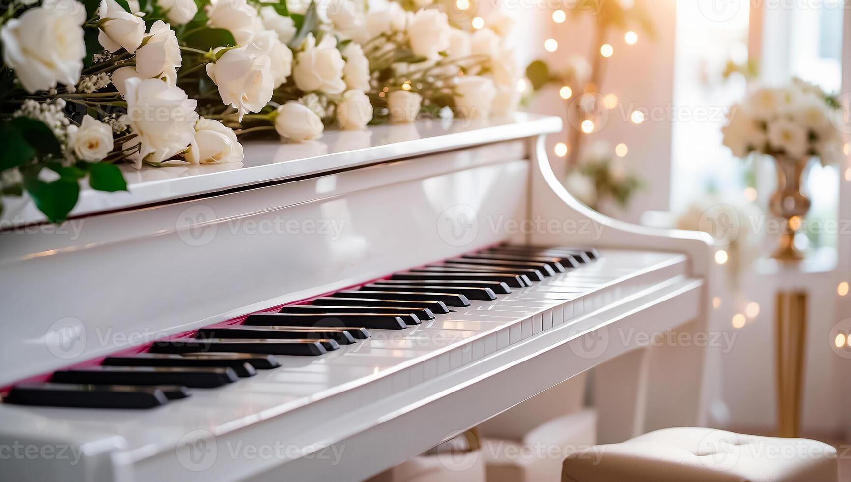 AI generated white piano, flowers close-up photo