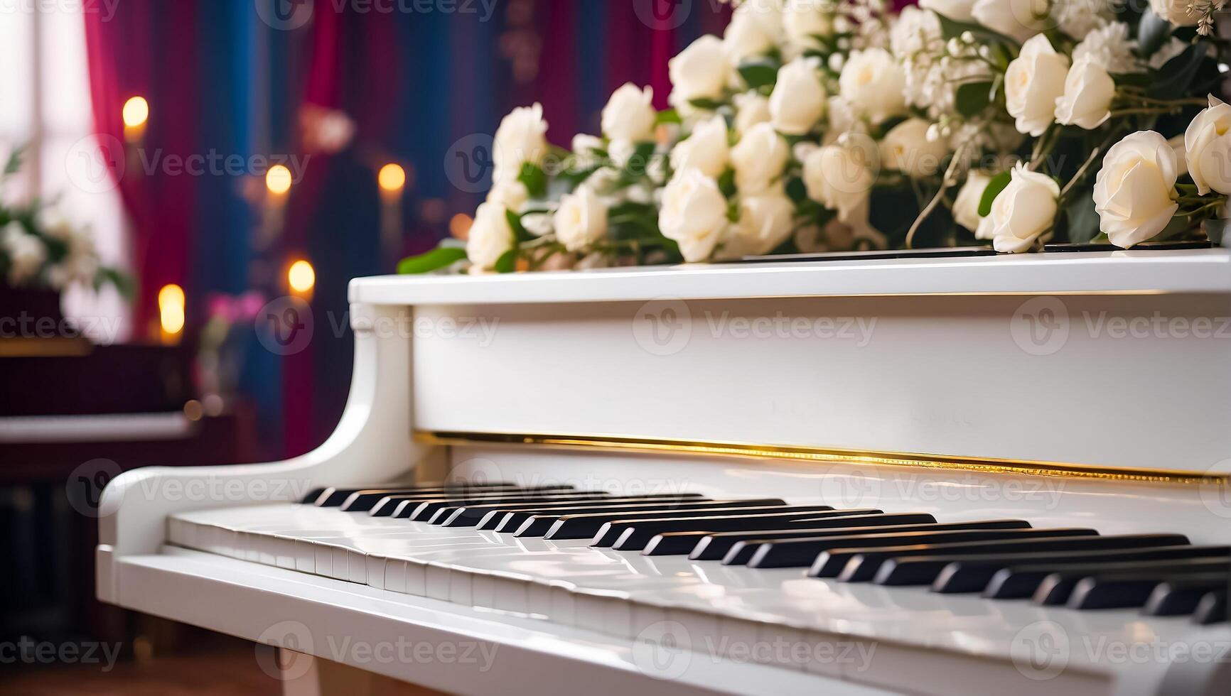 AI generated white piano, flowers close-up photo