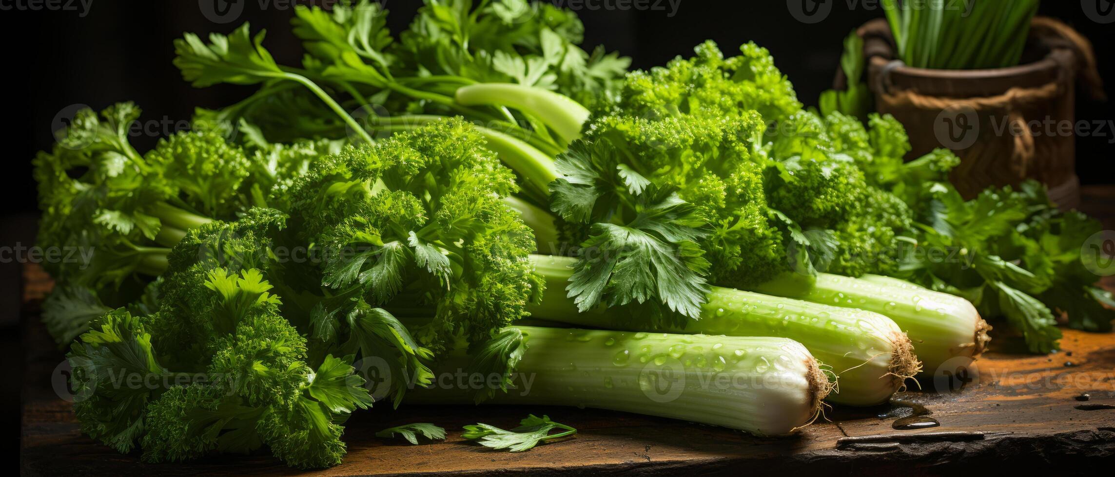 AI generated Fresh parsley and celery on a rustic wooden table. photo