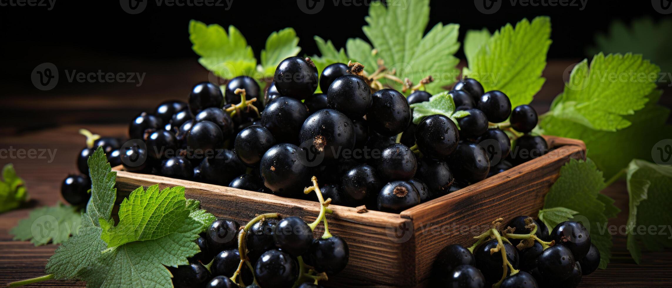 AI generated Rich display of black currants in a wooden box . photo