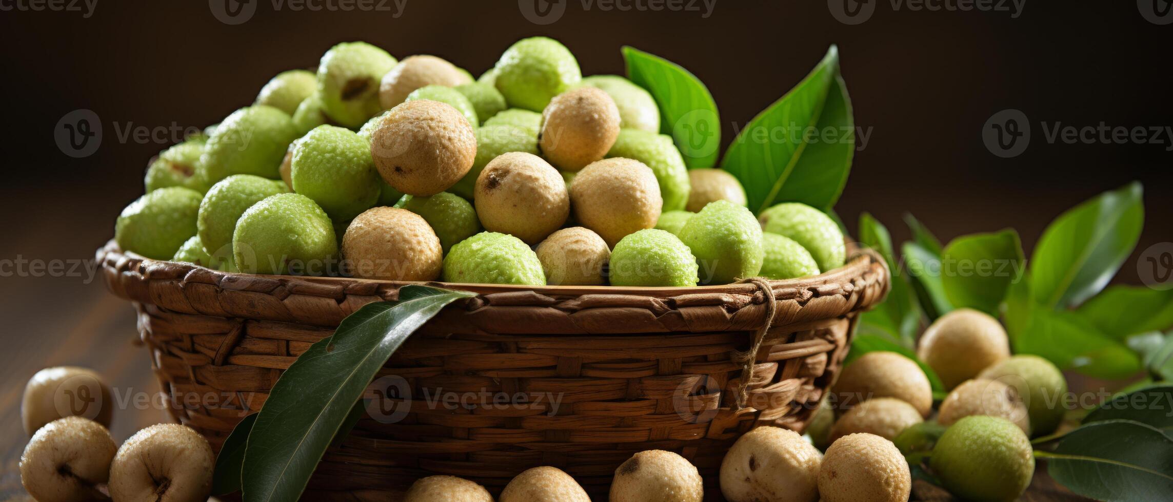 AI generated Rustic scene of fresh macadamia nuts in a wooden bowl. photo