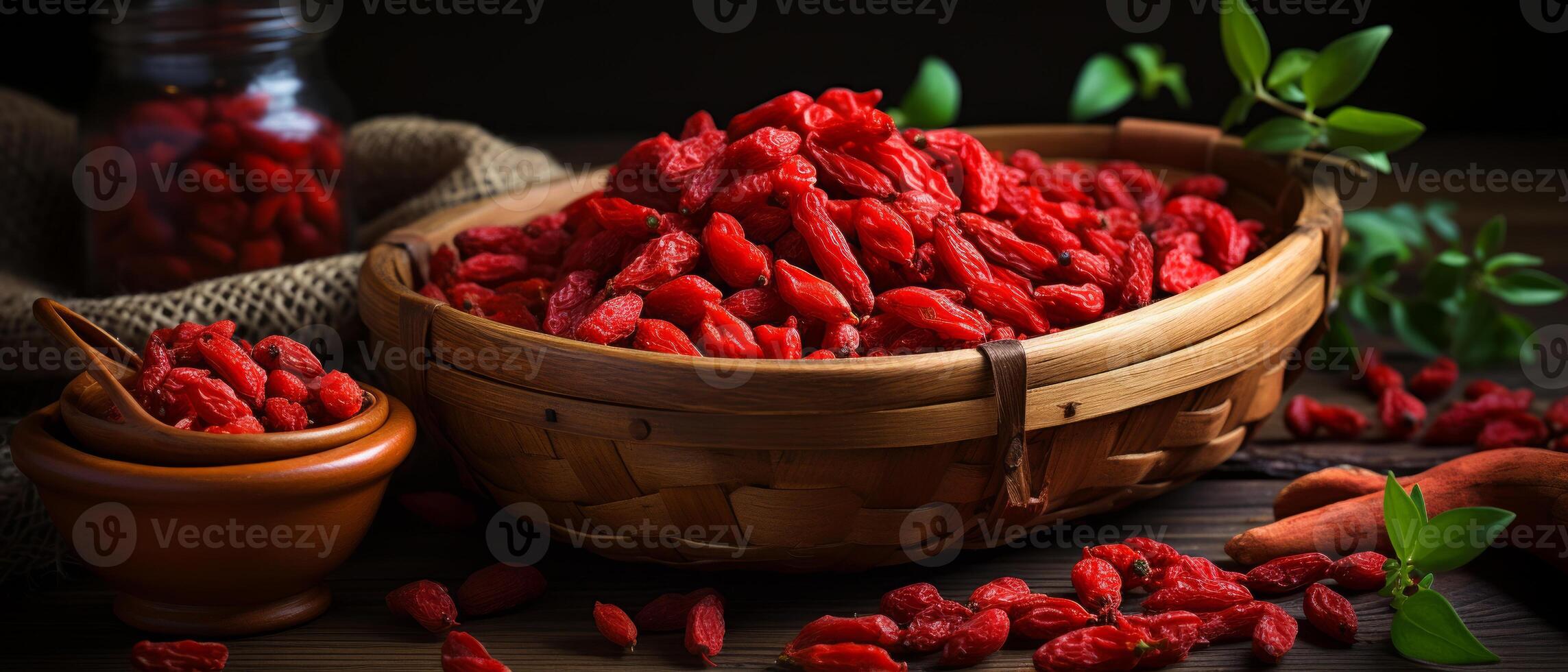 AI generated Fresh goji berries on a rustic wooden table. photo
