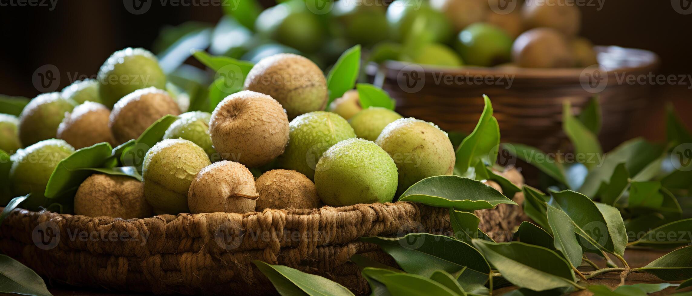 AI generated Rustic scene of fresh macadamia nuts in a wooden bowl. photo