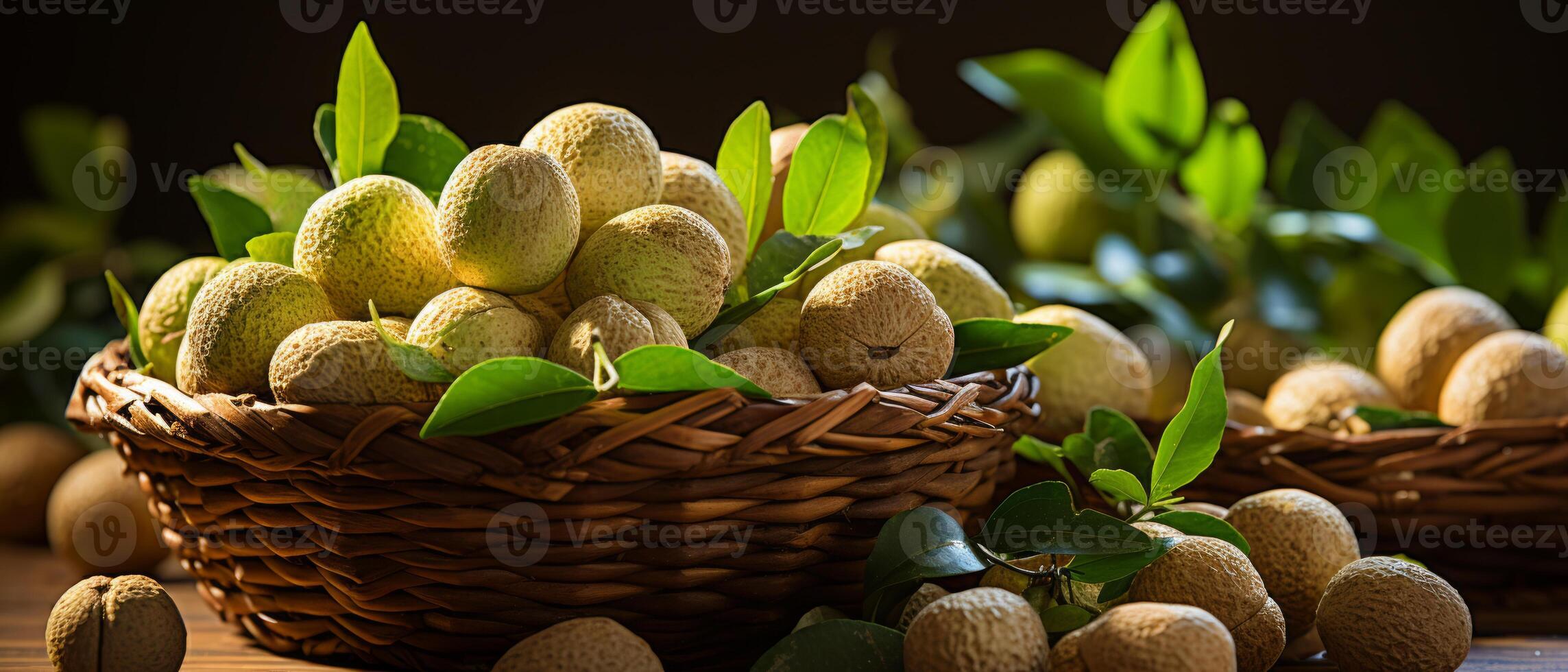 AI generated Rustic scene of fresh macadamia nuts in a wooden bowl. photo