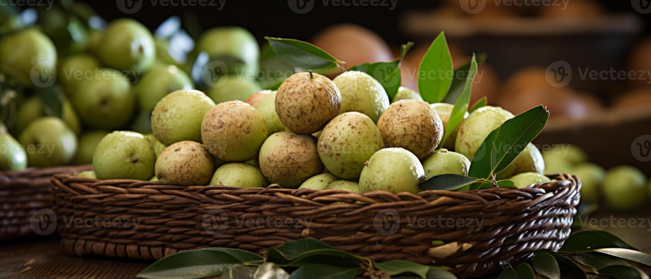 AI generated Rustic scene of fresh macadamia nuts in a wooden bowl. photo
