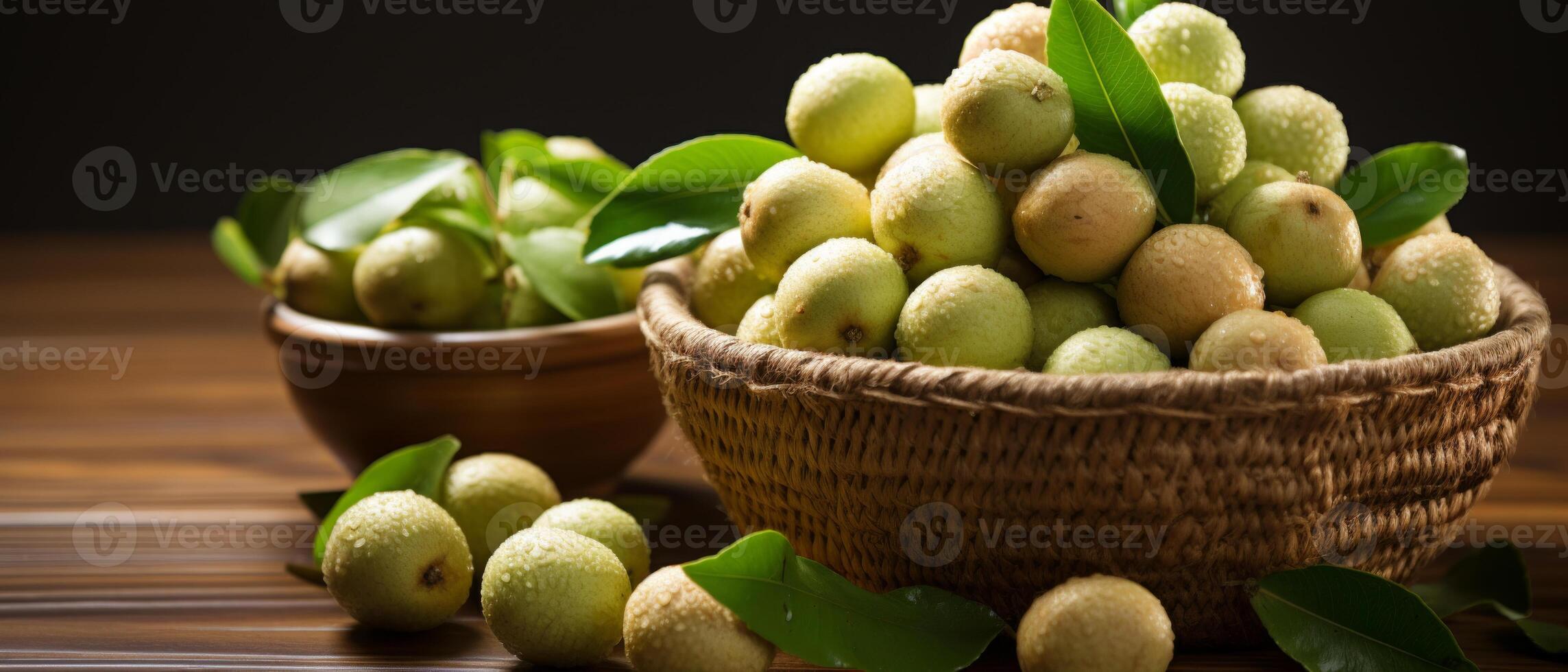 AI generated Rustic scene of fresh macadamia nuts in a wooden bowl. photo
