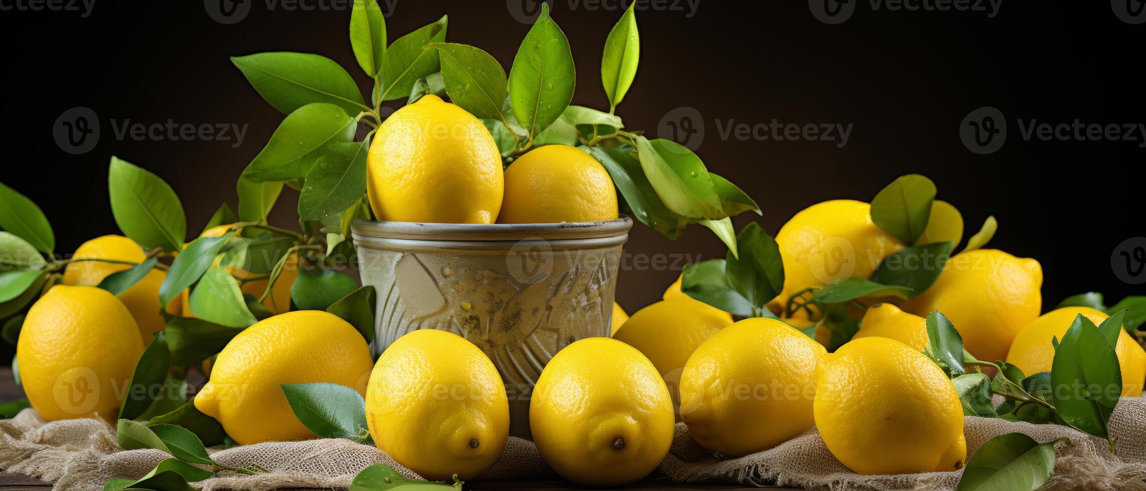 AI generated Bright yellow lemons in a bowl on a rustic table. photo
