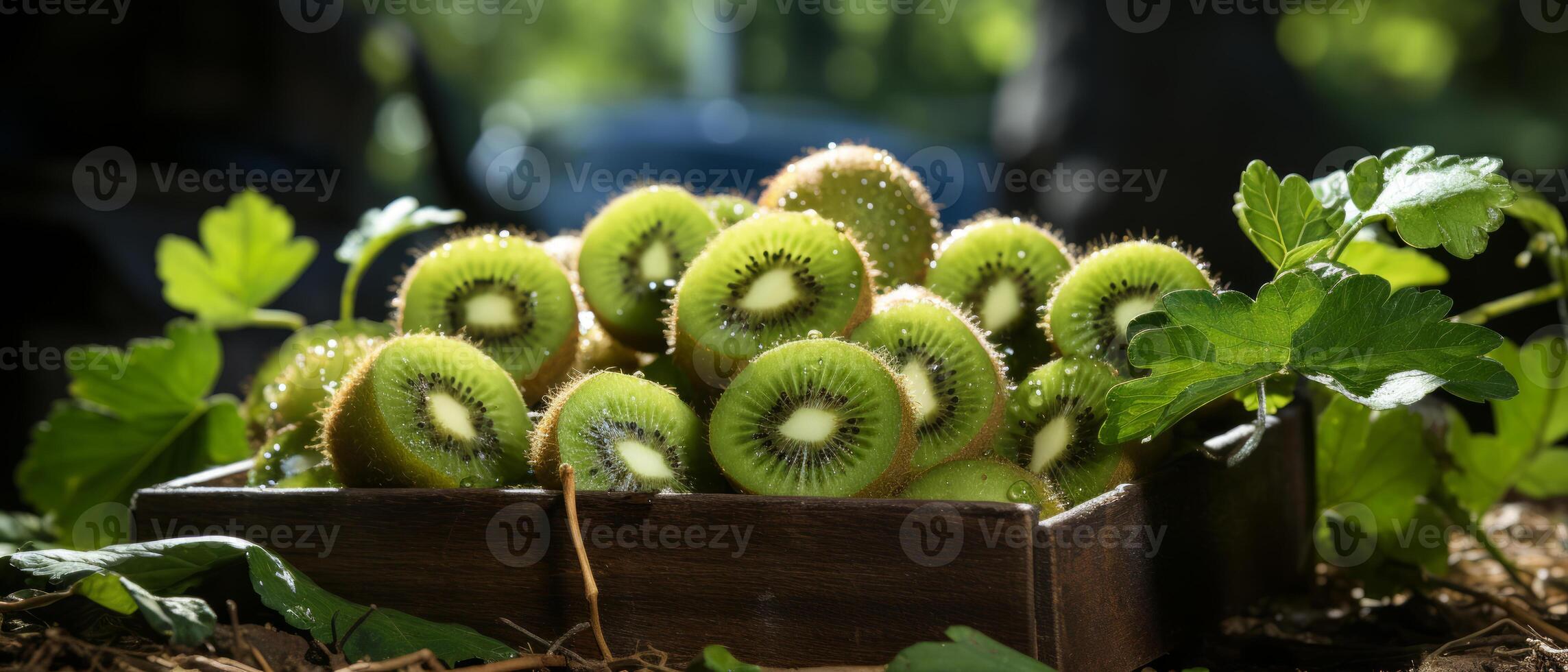 AI generated Bountiful basket of ripe kiwi fruits on a rustic wooden table. photo