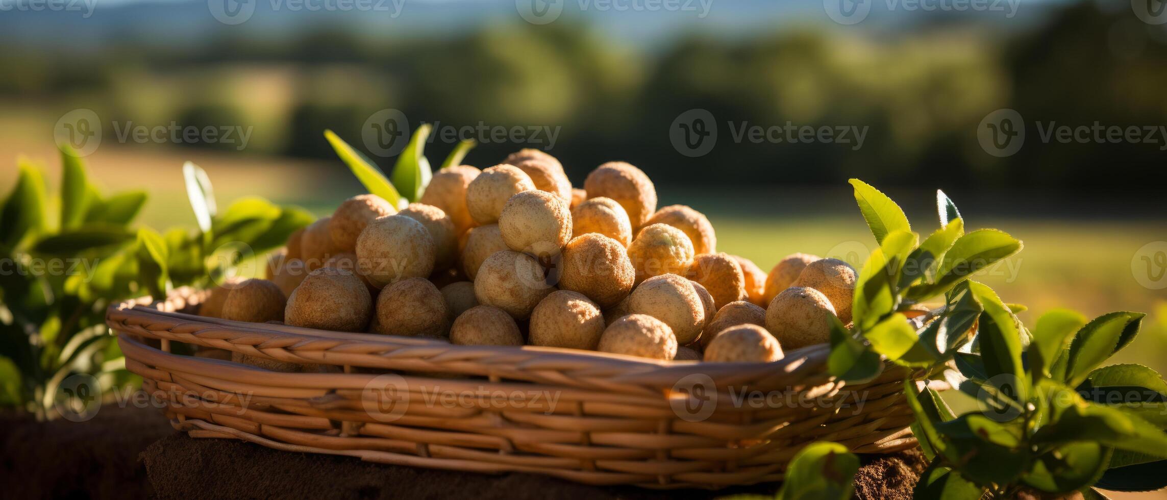 AI generated Rustic scene of fresh macadamia nuts in a wooden bowl. photo