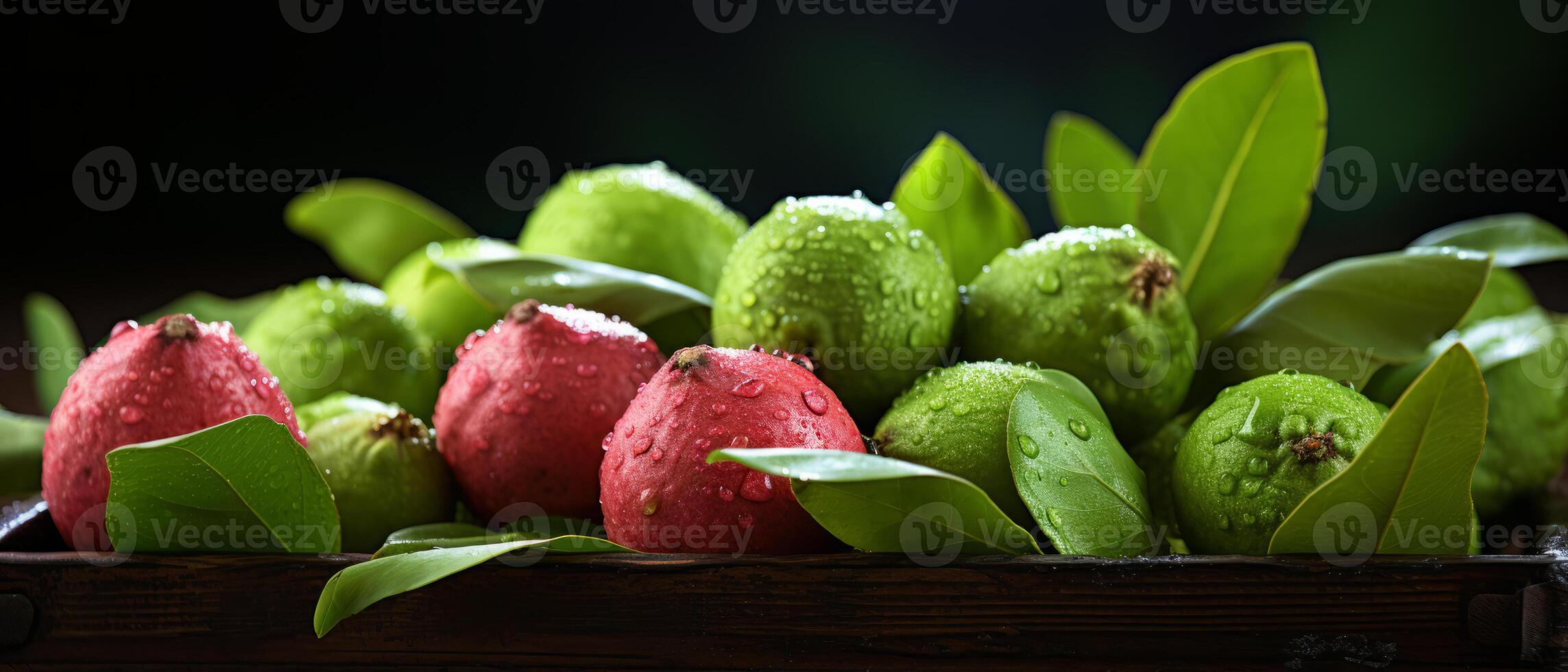 AI generated Fresh guavas and limes in a wooden box. photo