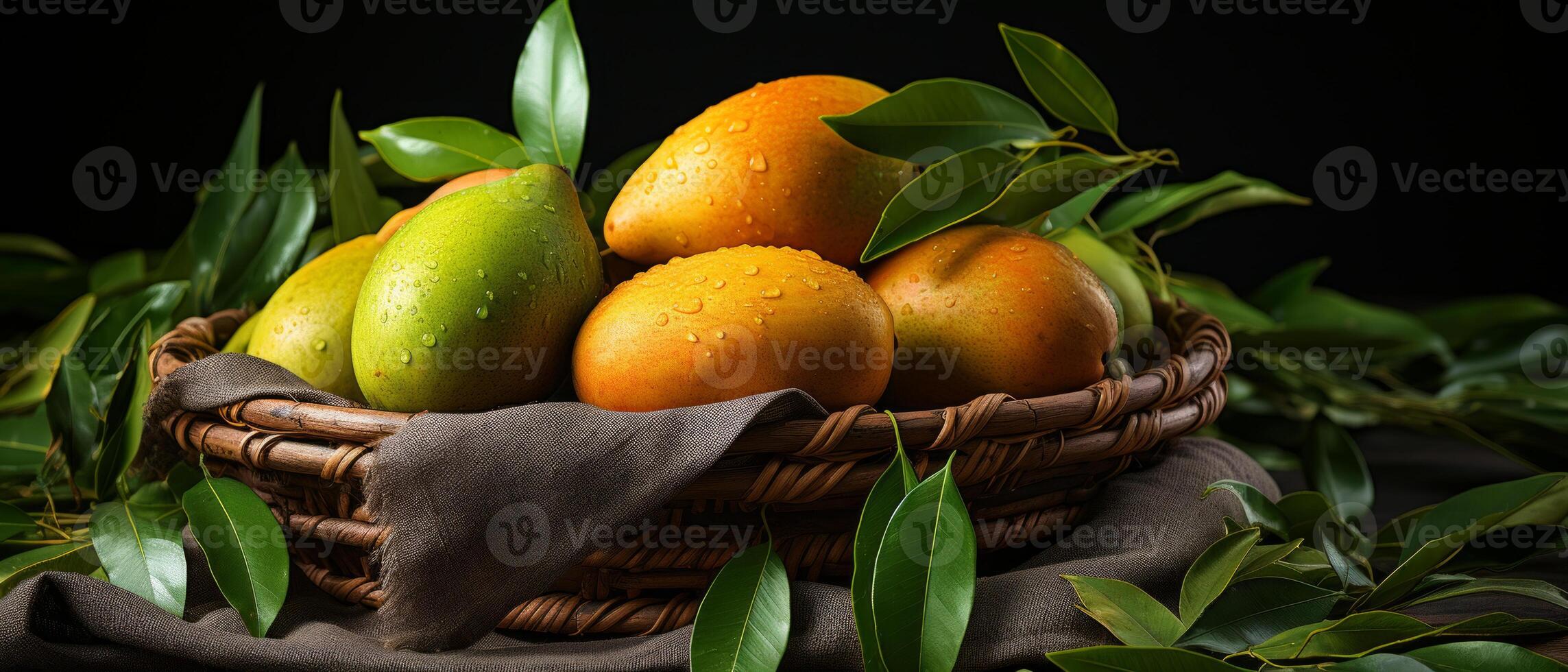 AI generated Juicy ripe mangoes in a rustic basket. photo