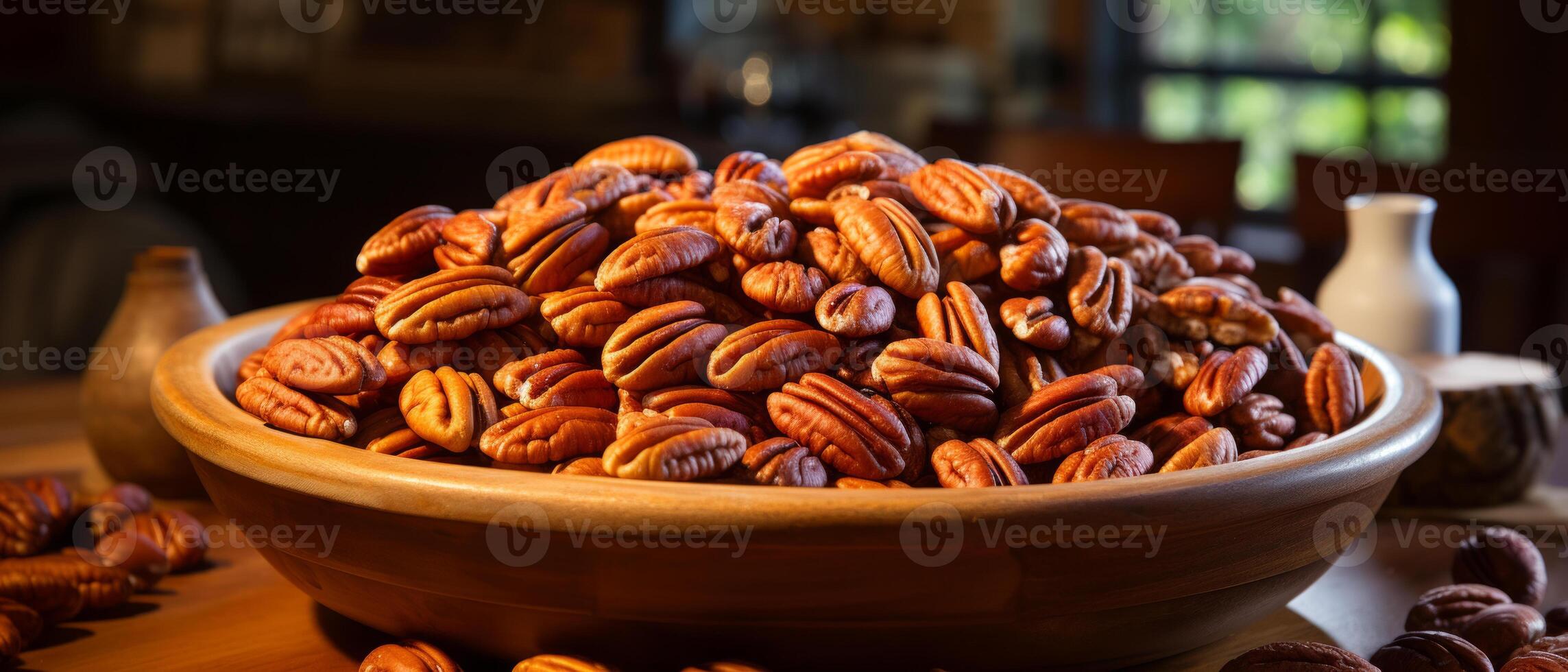 AI generated Pecans in a bowl on a rustic wooden table. photo