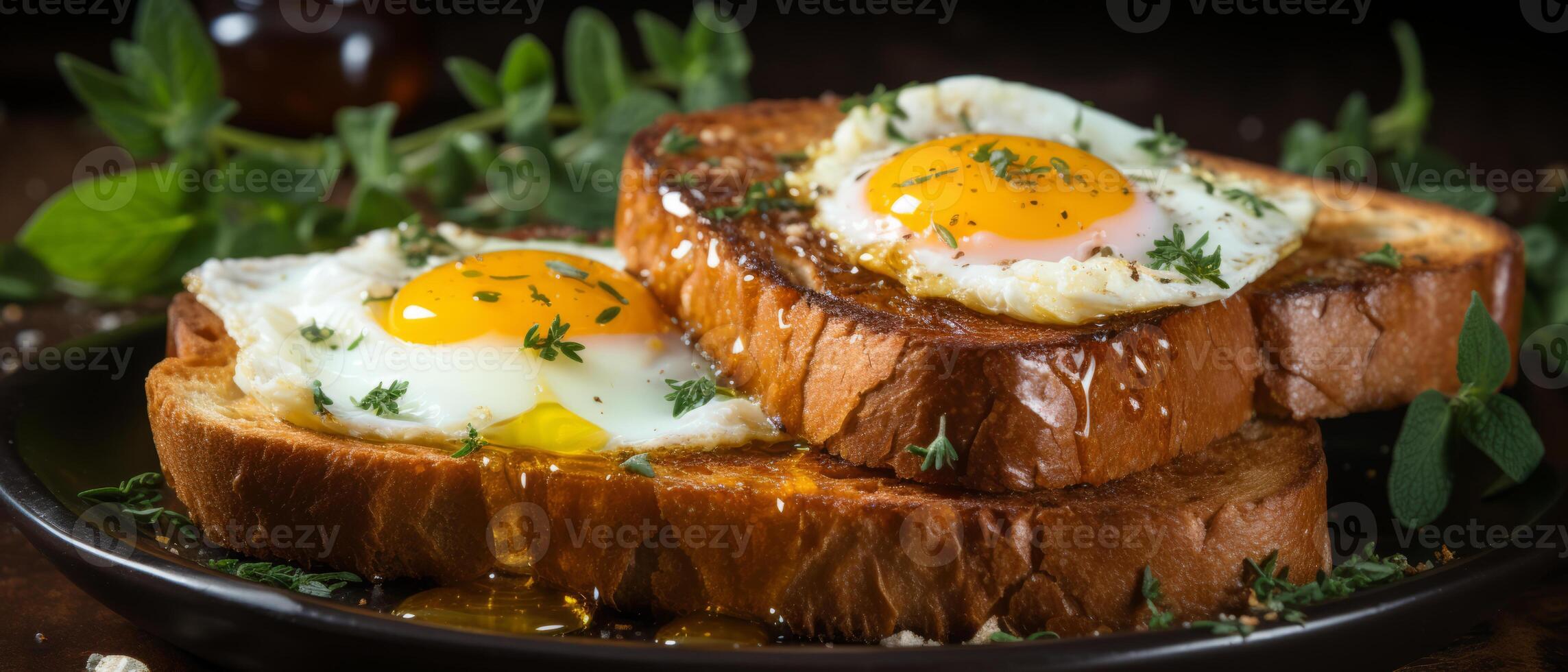 AI generated Perfectly toasted bread with a golden fried egg. photo