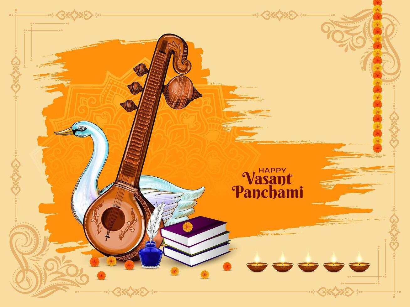 Happy Vasant Panchami religious festival decorative card with Veena illustration vector