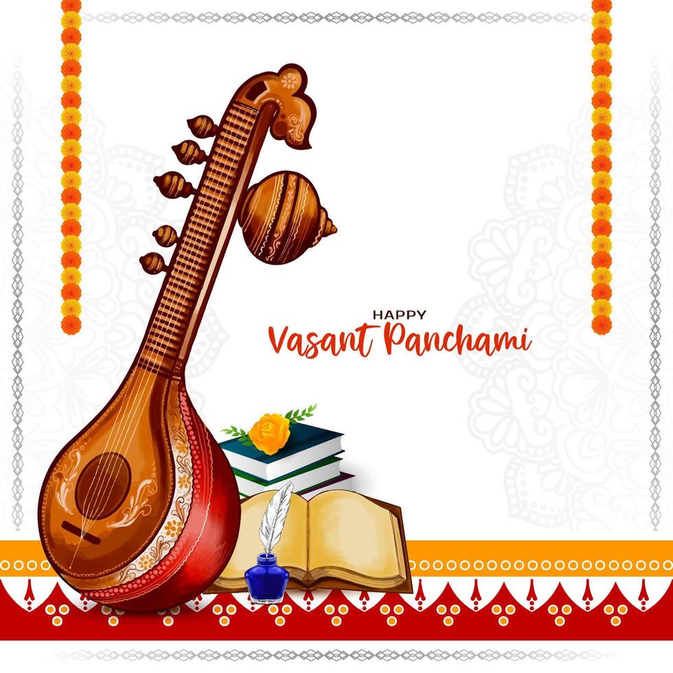 Happy Vasant Panchami religious Indian festival background with Veena design vector