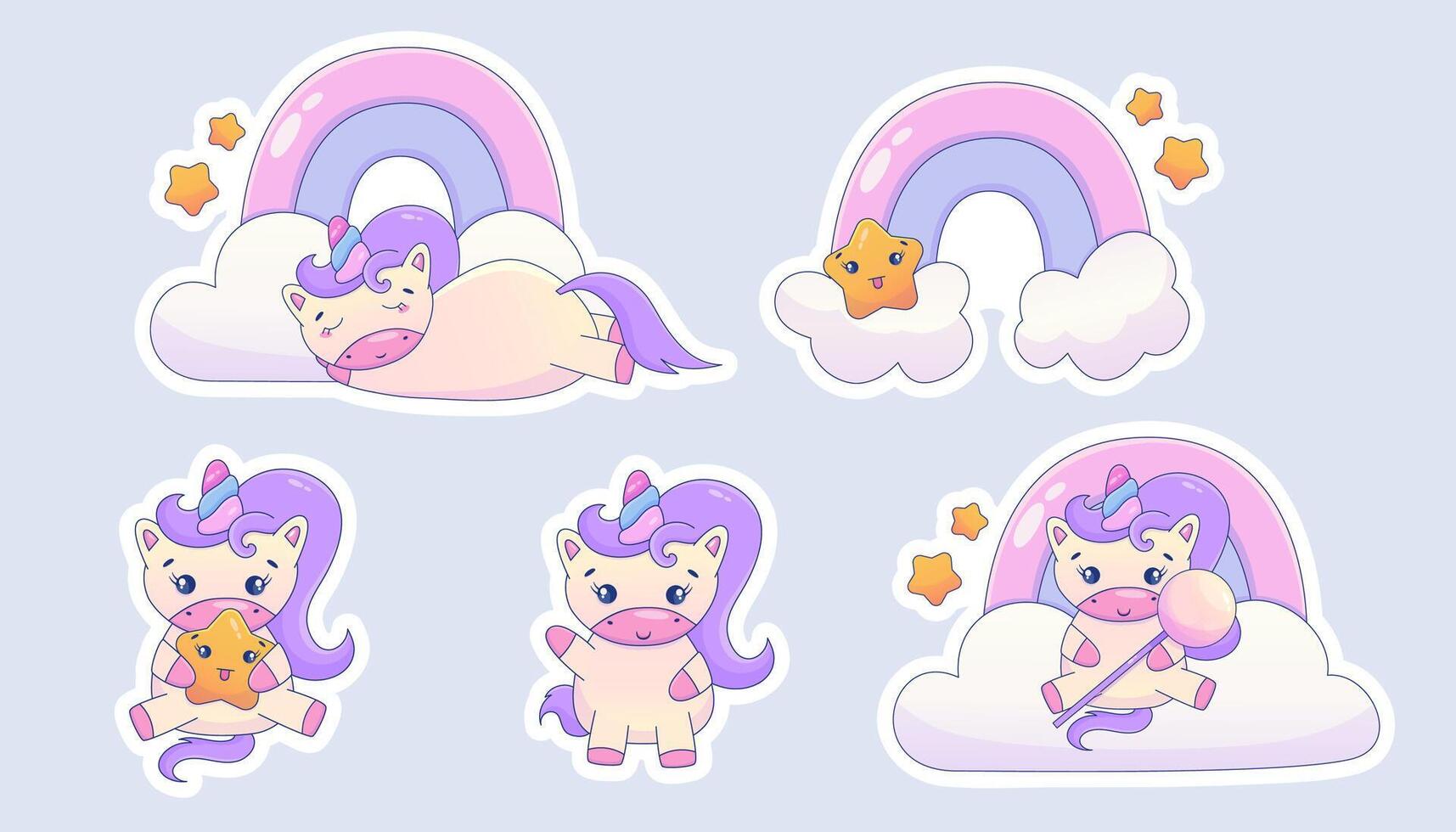 linda dibujos animados unicornio kawaii colocar. unicornio con estrella, arco iris kawaii animal pegatina. magia linda poni. dibujos animados vector ilustración