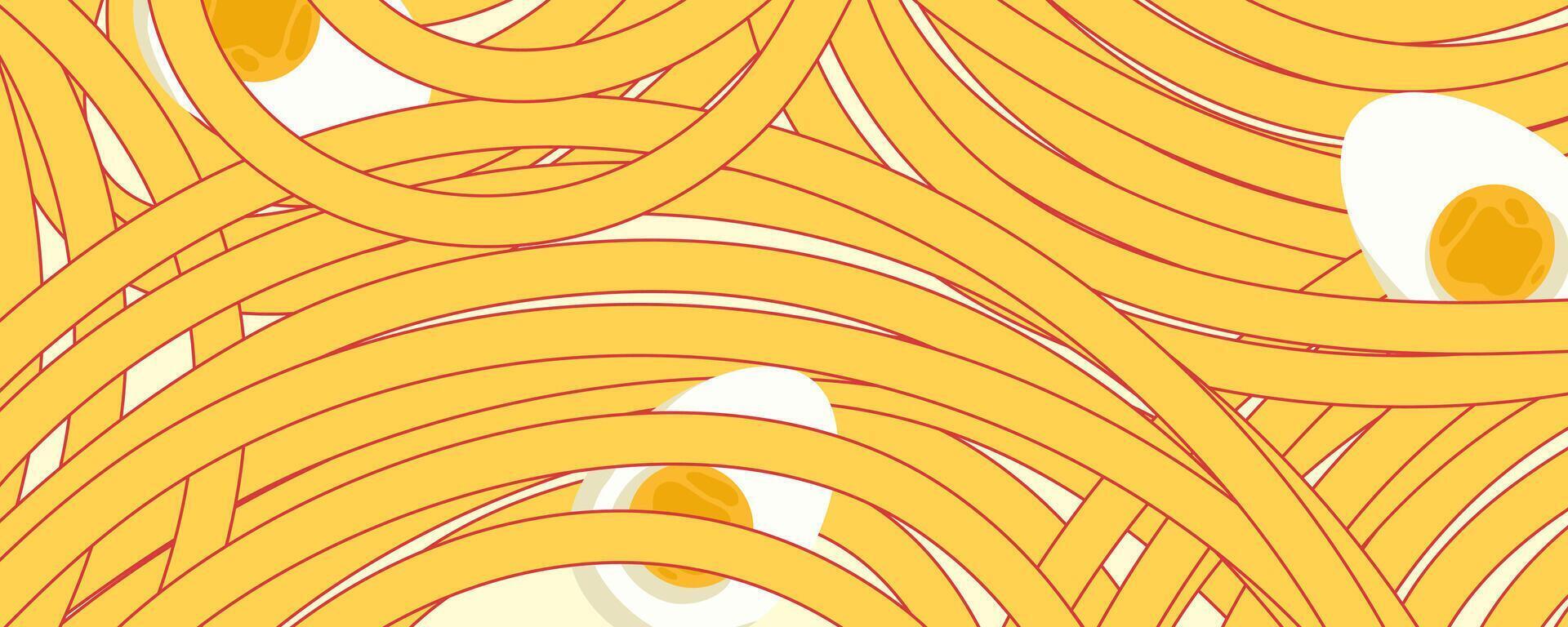 Noodle Ramen Pattern with egg background. Pasta food texture spaghetti geometric. Abstract ramen ornament. Flat vector illustration. Wave texture background