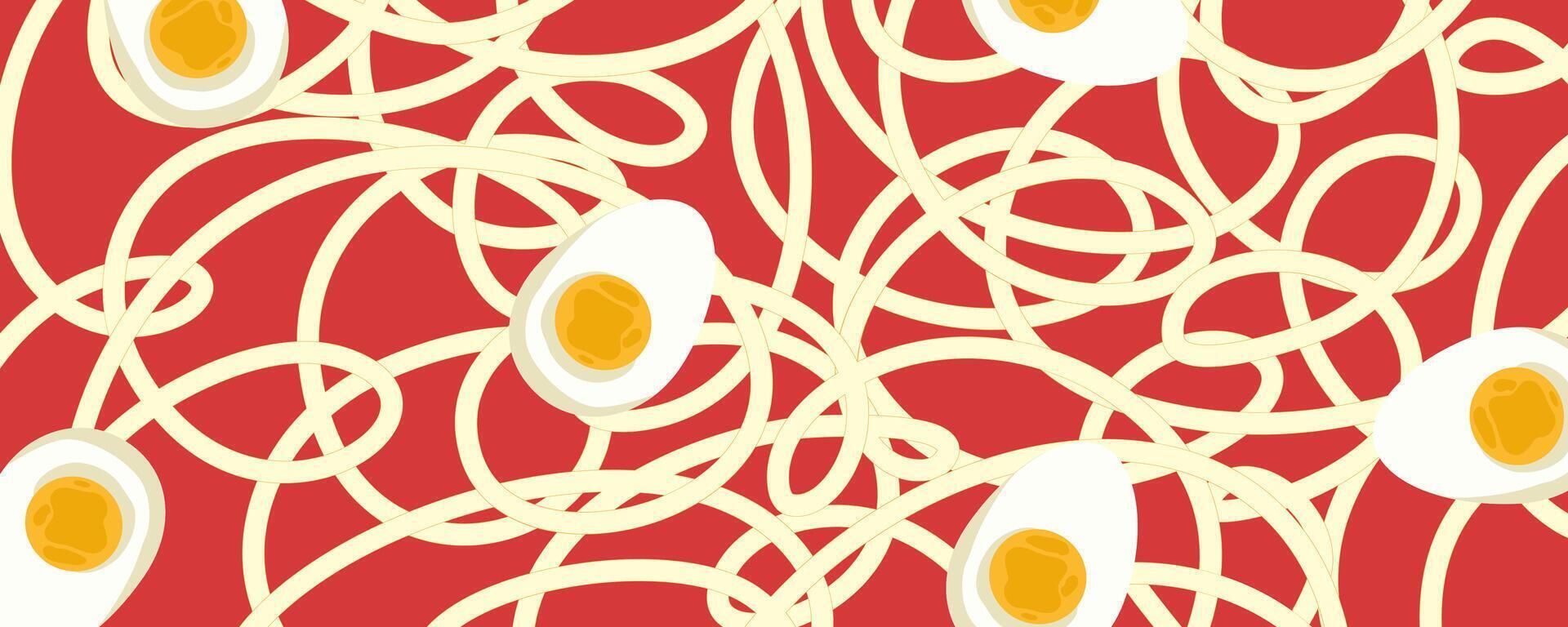 fideos ramen modelo con huevo antecedentes. pasta comida textura espaguetis geométrico. resumen ramen ornamento. plano vector ilustración. ola textura antecedentes