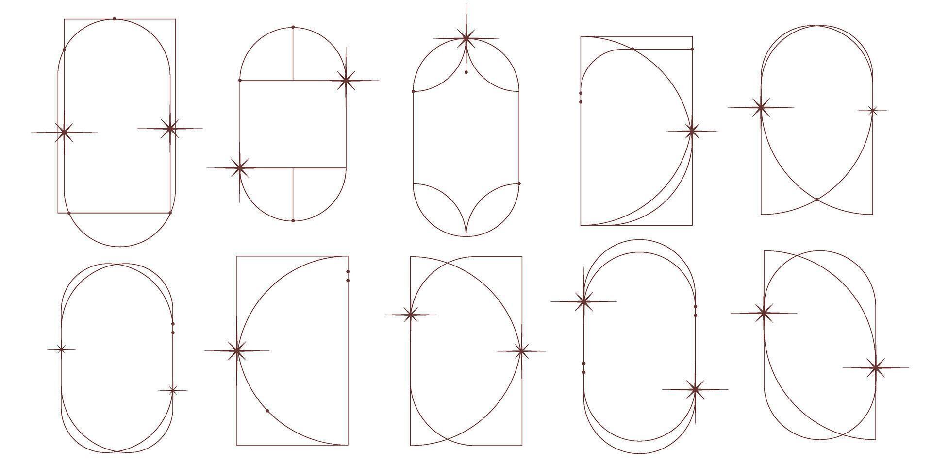 Boho frame arch set with line and star. Vintage simple shape design. Boho minimal arch. Geometric round form. Vector illustration