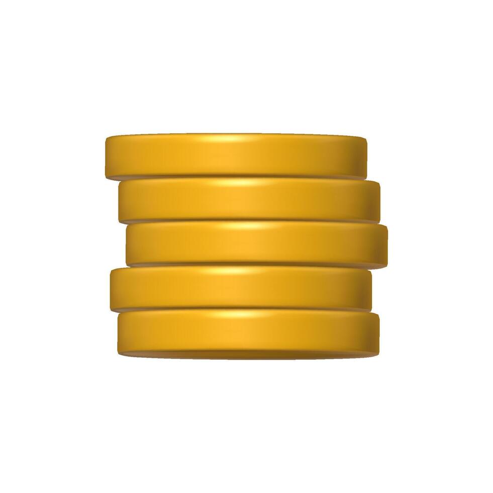 Gold Coin stack 3d render. Game Money pile on white background. Rotating empty coin for game reward and prize. Vector 3d illustration.