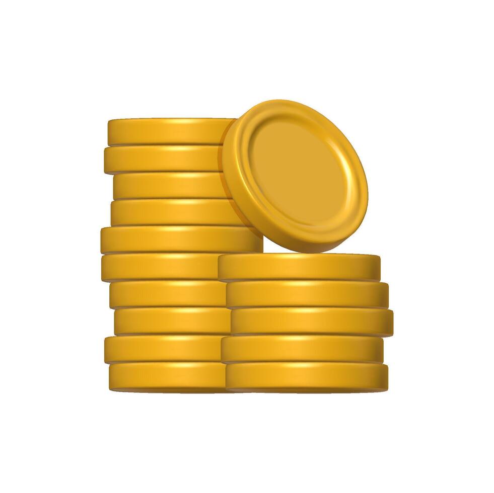 Gold Coin stack 3d render. Game Money pile on white background. Rotating empty coin for game reward and prize. Vector 3d illustration.