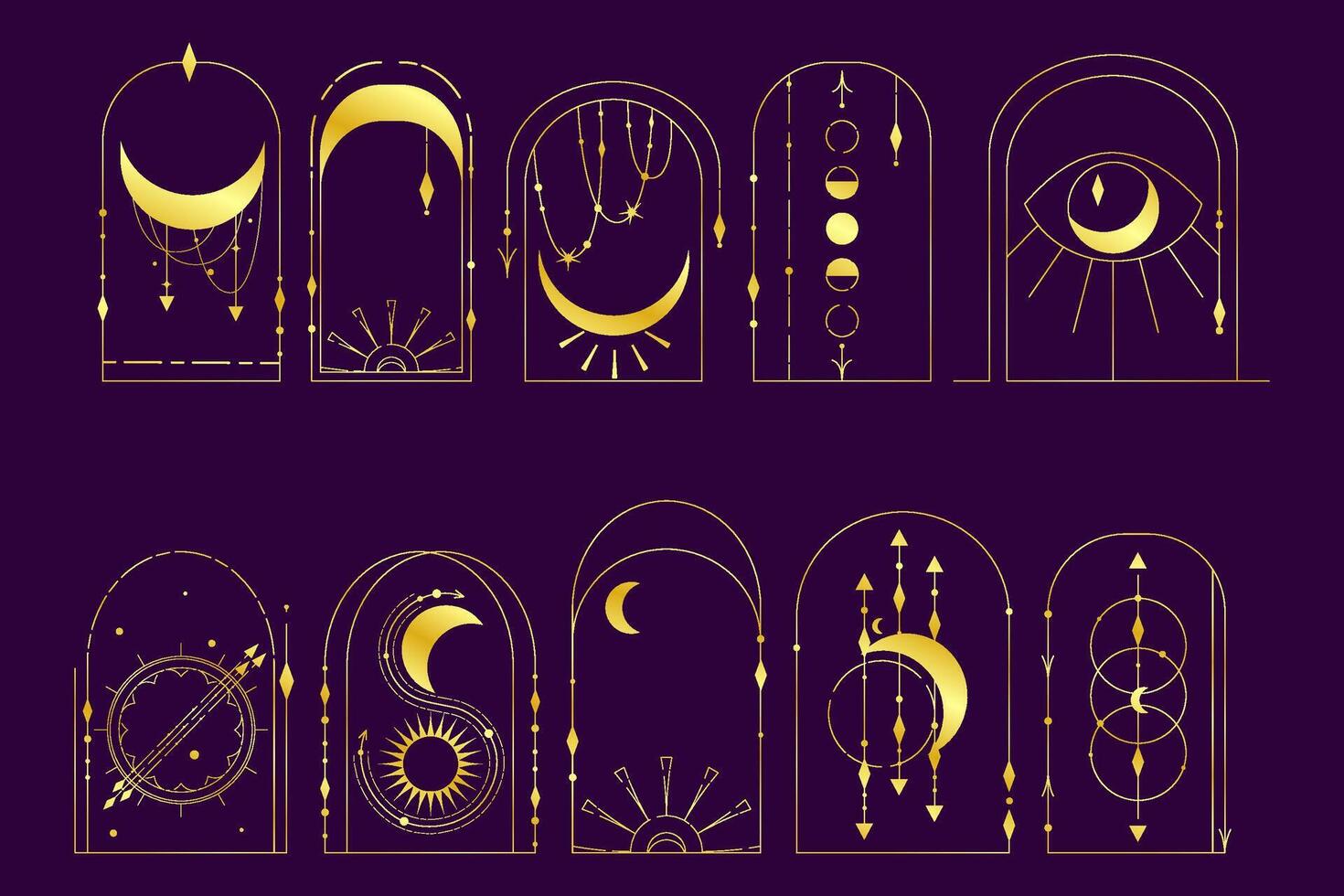 bohemio arco oro conjunto esotérico diseño. celestial marco línea con Luna y estrella. mínimo celestial geometría marco. boho vector ilustración. esotérico magia elementos.