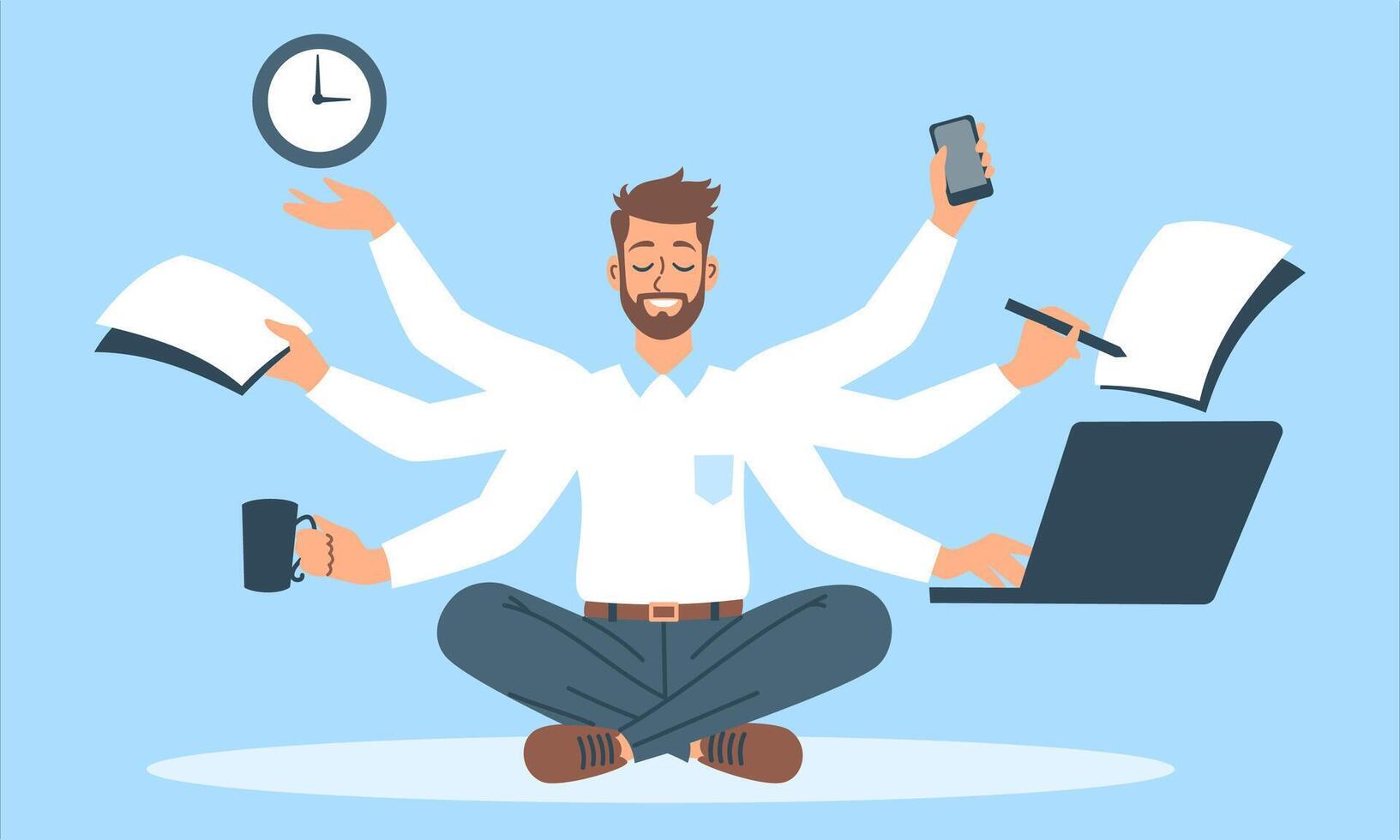 Flat vector illustration. Young man in office clothes with three pairs of hands doing many things at the same time. Concept of multitasking and calmness