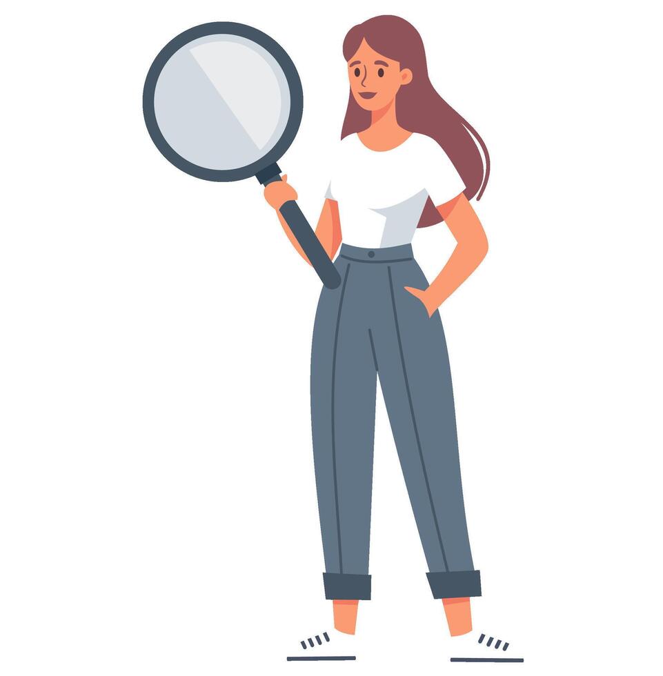 Flat vector illustration. Cute woman standing smiling and holding a big magnifying glass. Information search