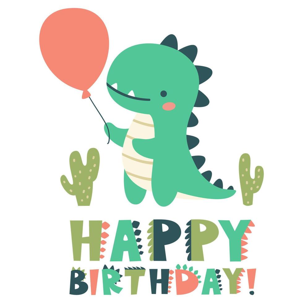 Cute children's illustration. Birthday inscription in the style of dinosaurs. Cute raptor holding a balloon. vector