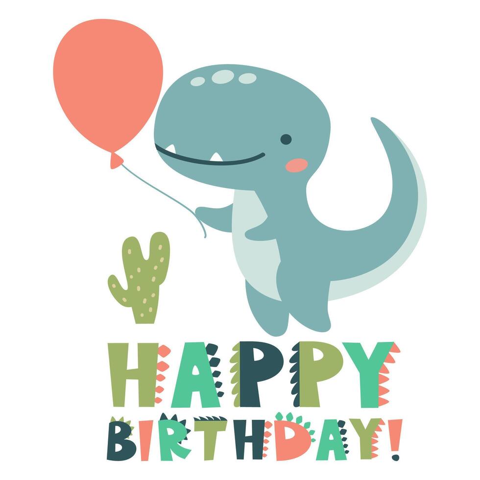 Cute children's illustration. Birthday inscription in the style of dinosaurs. Cute raptor holding a balloon. vector
