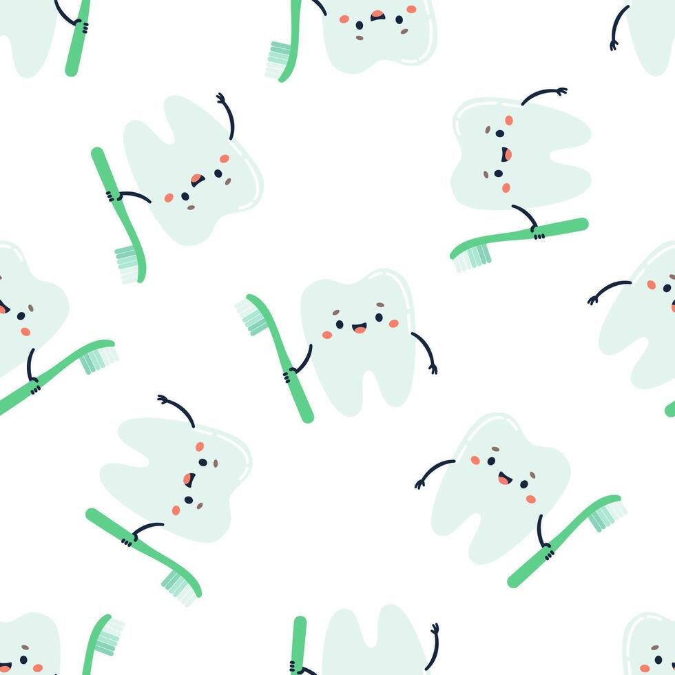 Seamless vector pattern in child style on white background. Cute healthy tooth holding a toothbrush and smiling