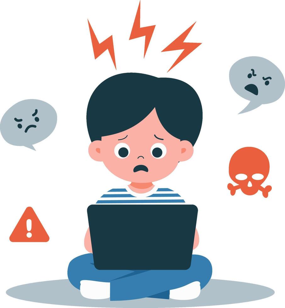 Flat vector illustration. A boy is sitting at her laptop and is afraid. The laptop has forbidden content for children