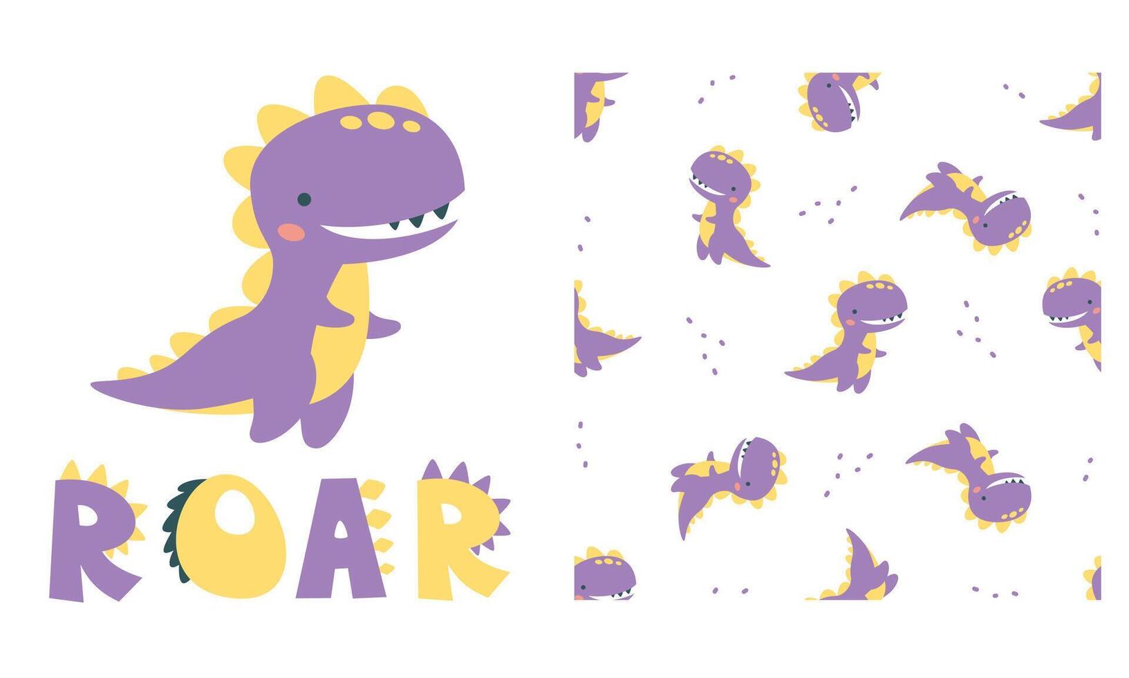 Set of vector templates for printing on children's products. Cute dinosaur and roar lettering. Seamless vector pattern with dinosaurs and cacti