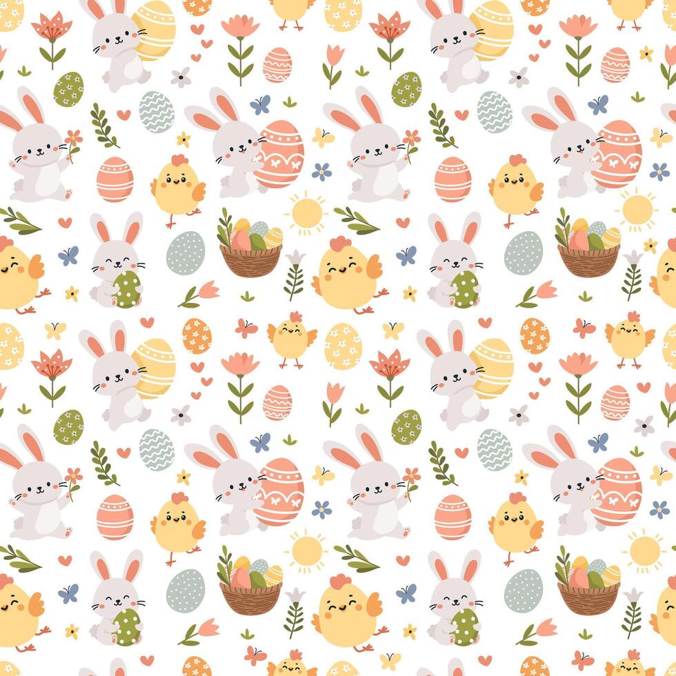 Seamless vector pattern for the holiday of bright Easter. Cute Easter bunnies, chickens, eggs, flowers and butterflies