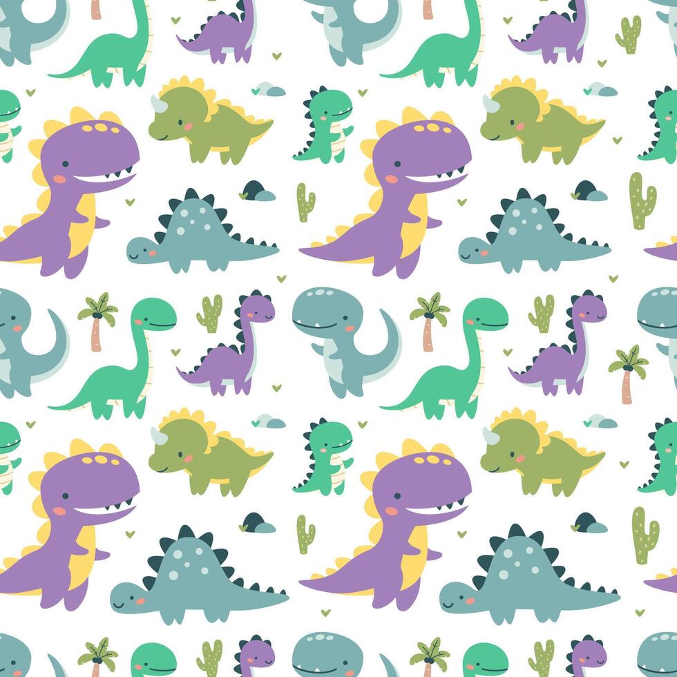Seamless vector pattern. Cute dinosaurs in bright colors. Illustrations in a simple children's style. White background