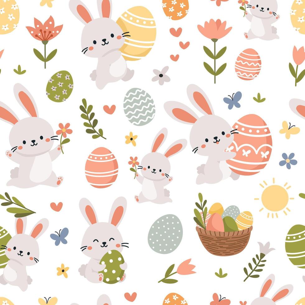 Seamless vector pattern for the holiday of bright Easter. Cute Easter bunnies, eggs, flowers and butterflies