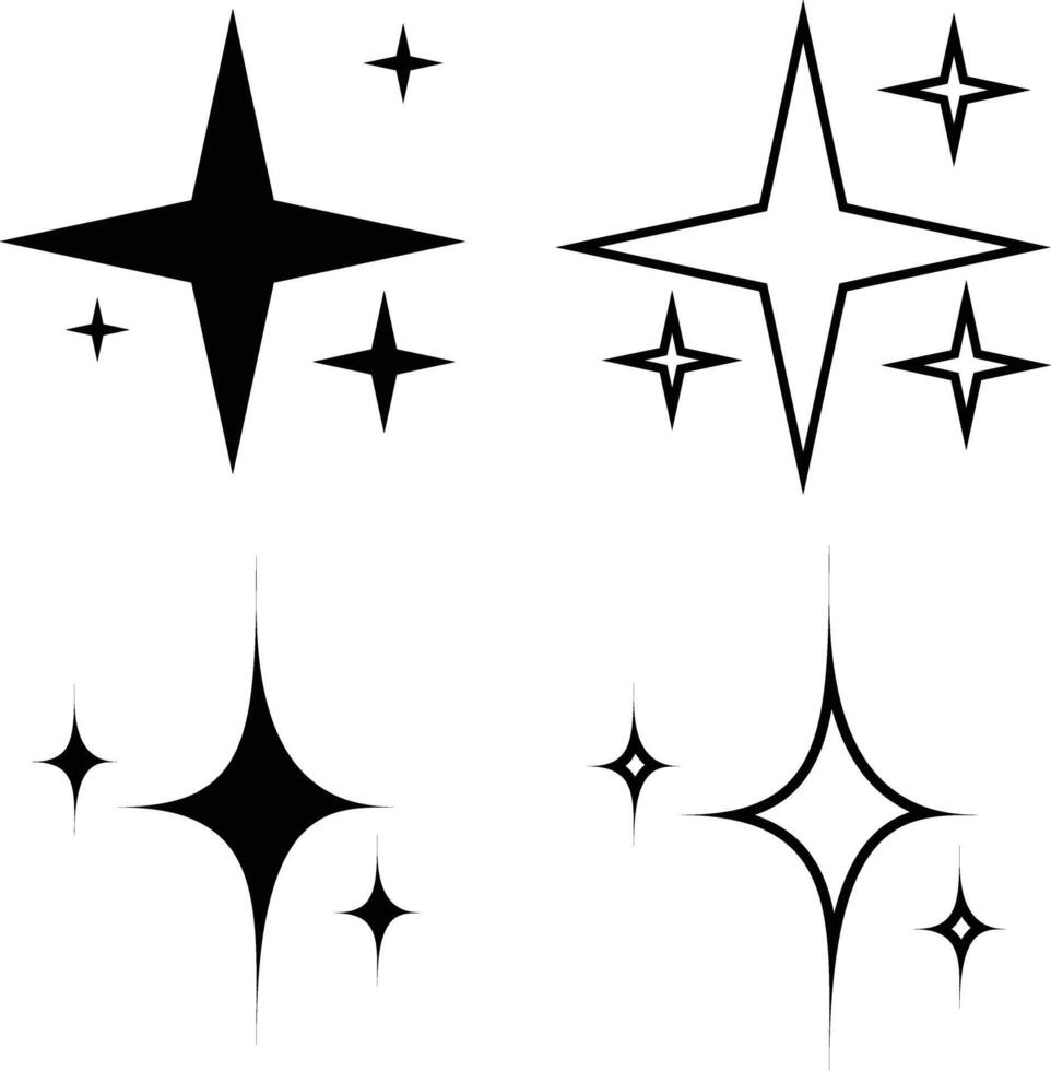 Set of vector stars. Collection of black and white shining stars